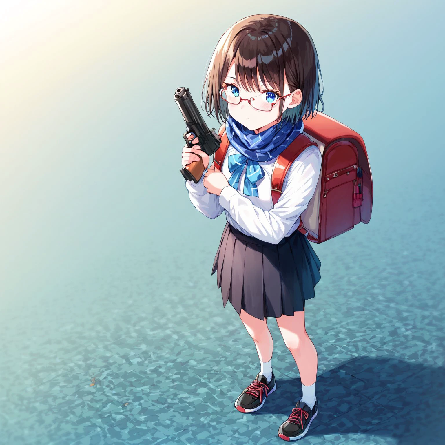 <lora:randoseru_XL_pony:1>
score_9, score_8_up, hiten \(hitenkei\),
1girl, solo, randoseru, backpack, bag, black footwear, black skirt, blue eyes, brown hair, buttons, closed mouth, collared shirt, full body, glasses, gun, handgun, long sleeves, looking at viewer, miniskirt, pleated skirt, scarf, school uniform, shirt, shoes, short hair, skirt, sneakers, standing, weapon, white shirt