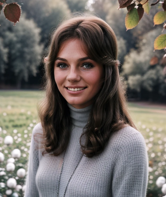 j3c1b1 ,nature background, 60s style, cotton hair, dreamy effect, smile, upper body , Turtleneck, Ultra-HD-details, young woman 