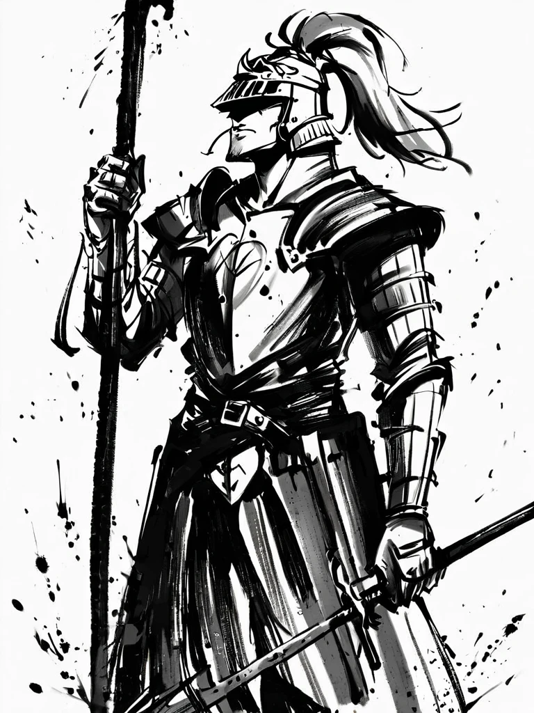 <lora:xl_ink wash painting style(pony):1>,ink wash painting style,greyscale,monochrome,armor,weapon,polearm,solo,monochrome,helmet,full armor,holding,holding weapon,1boy,greyscale,white background,plume,male focus,simple background,shoulder armor,blood,spot color,spear,pauldrons,holding polearm,breastplate,sword,, score_9, score_8_up,