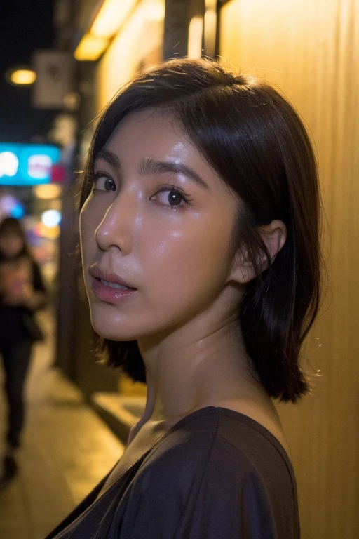 Best quality,masterpiece,ultra high res,(photorealistic:1.2),1girl,in the dark,deep shadow,low key,slim body,taipei street alley,dynamic pose,face closeup,medium breasts,brown hair,<lora:cherry_yang:0.9>,