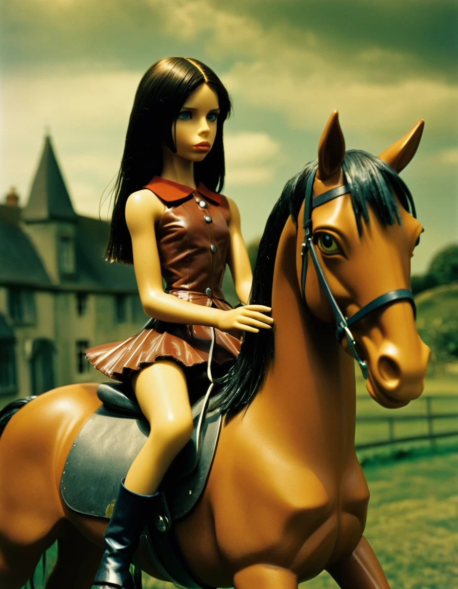 an expert film still by dave mckean of a doll girl looking like eleaxl6 riding a horse