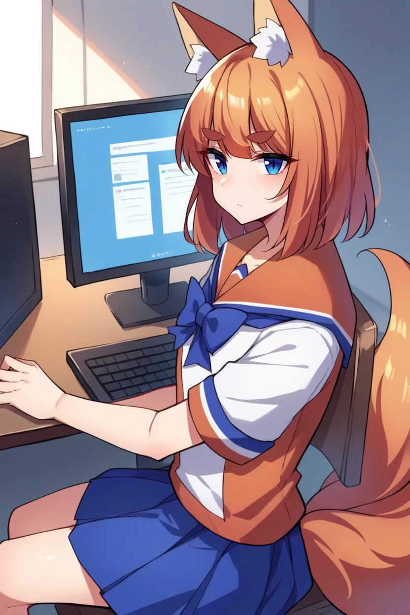 score_9, score_8_up, source_anime, 1girl, solo <lora:ffchan-pdxl-nvwls-v1-000006:1> ffchan, fox ears, blue bowtie, white shirt, serafuku, short sleeves, blue skirt, fox tail, sitting, chair, desk, computer monitor, computer, looking at viewer