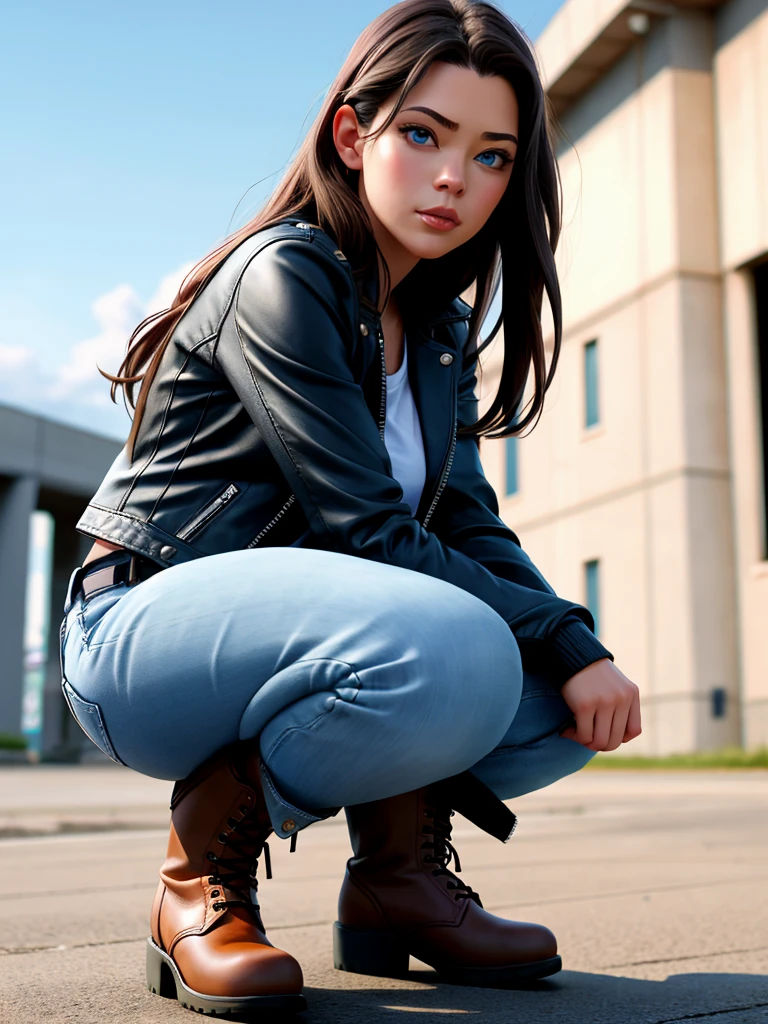 A beautiful p3yt0nl1 woman, 1girl,solo,long hair,looking at viewer,blue eyes,brown hair,shirt,long sleeves,jacket,boots,outdoors,pants,blurry,blurry background,squatting,denim,jeans,realistic,leather,denim jacket,soft lighting, professional Photography, Photorealistic, detailed, RAW, analog, sharp focus, 8k, HD, high quality, masterpiece<lora:p3yt0nl1:1.0>