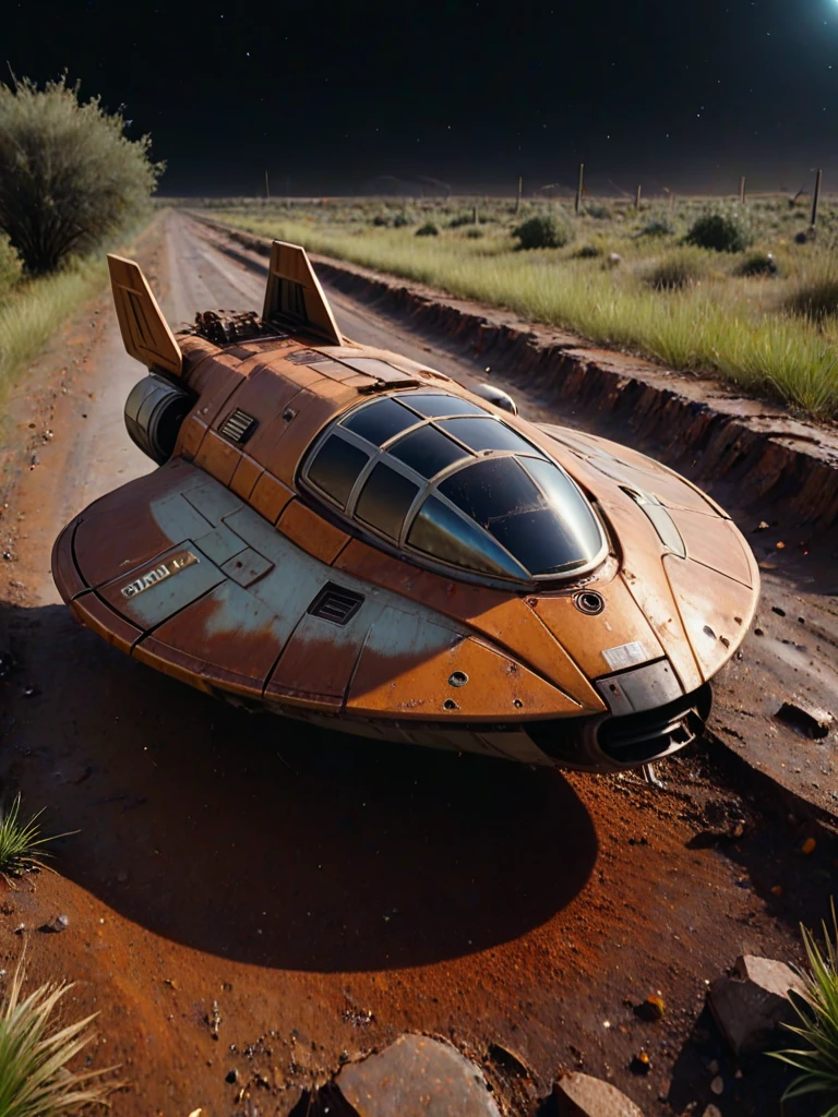 cinematic realism film scene still of a ufomaker (spaceship|ufo:1.1) simple background, 1boy, scenery, debris, grass, dust style, dirty, ufomaker military, space, lights style <lora:UFOMaker_XL-000012:1> . 35mm f1.8 Macro, chiaroscuro, shallow depth of field, vignette, Mise-en-scene, detailed, cinemascope, moody, epic, grit, (rust:0.65), cracks, cracked surface, subtle messy, dust, weary, edges rusty dusty, surface scratches, peeled sun bleeched paint, smudges, crumbles, rugged, used