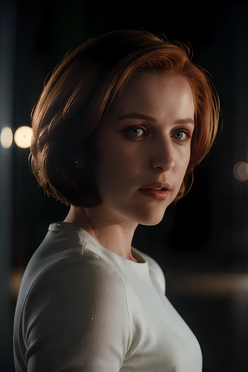 agentscully, portrait, short hair, bob cut, cinematic, highly detailed, realistic, 30 years old, bright lights, spotlight, rimlight, formal, elegant, light effect, blurry background, shallow depth of field, bright white background,
<lora:DanaScullySD_v2:1>