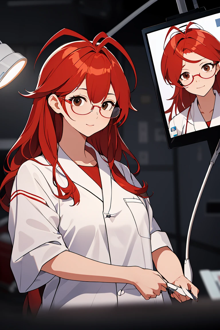 (RAW photo, best quality), 1girl, operating room, overhead surgical light, dslr, blurred background, focused,
<lora:Claudia_Suzuki_V1.0-000006:0.8> (claudia suzuki, mature female, semi-rimless eyewear, red hair, long hair, brown eyes, antenna hair),