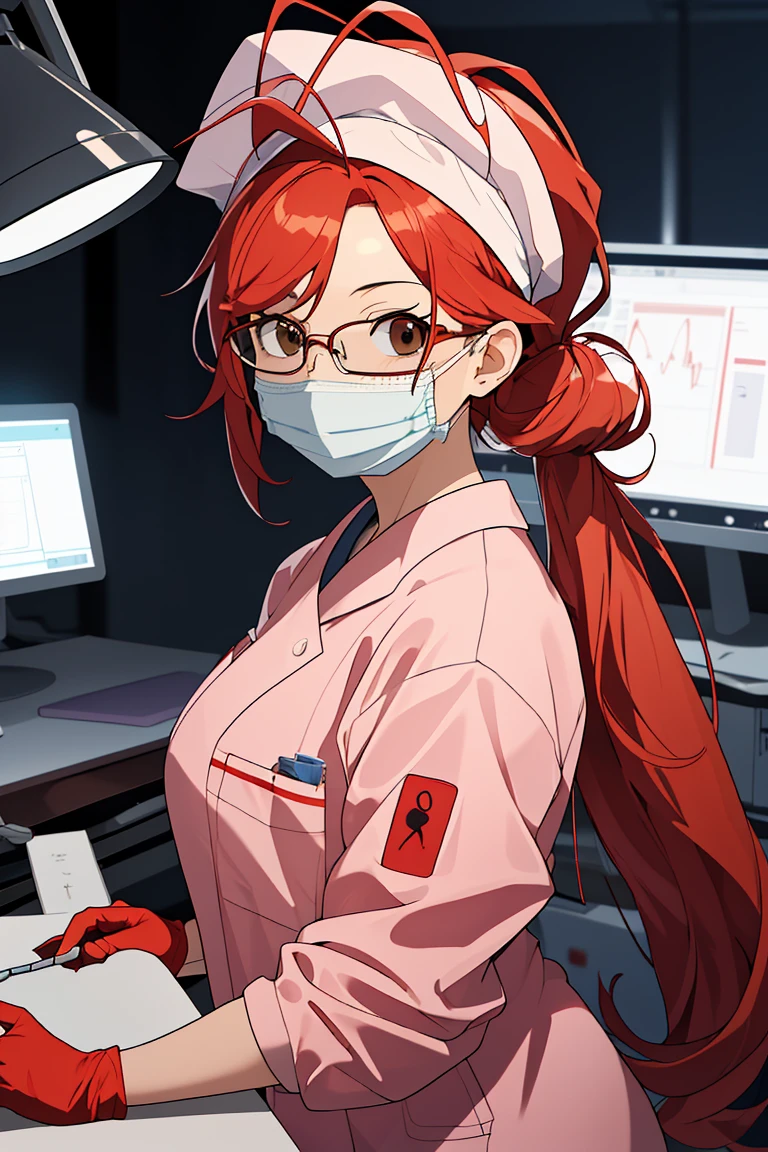 (RAW photo, best quality), 1girl, long sleeve surgical outfit, surgical mask, surgical gloves, surgical cap, operating room, overhead surgical light, dslr, blurred background, focused,
<lora:Claudia_Suzuki_V1.0-000006:0.8> (claudia suzuki, mature female, semi-rimless eyewear, red hair, long hair, brown eyes, antenna hair),