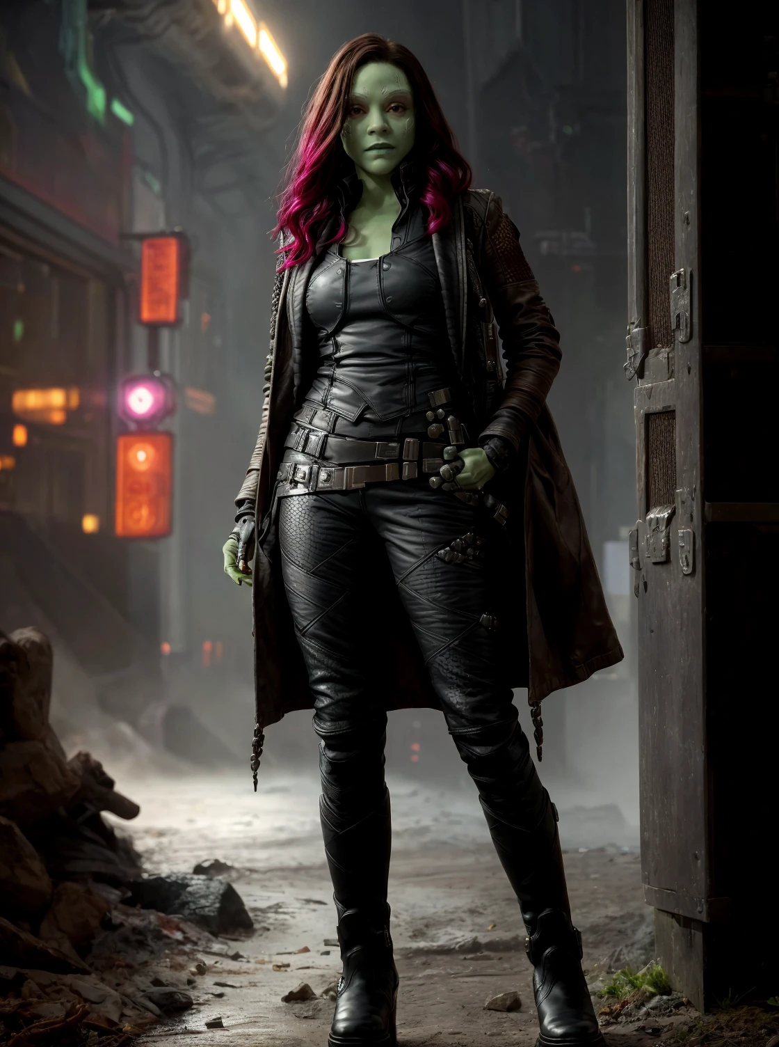 gmra woman, standing,full shot,coat,pants,vest,boots,in a sci-fi setting,masterpiece,extremely detailed,intricated
