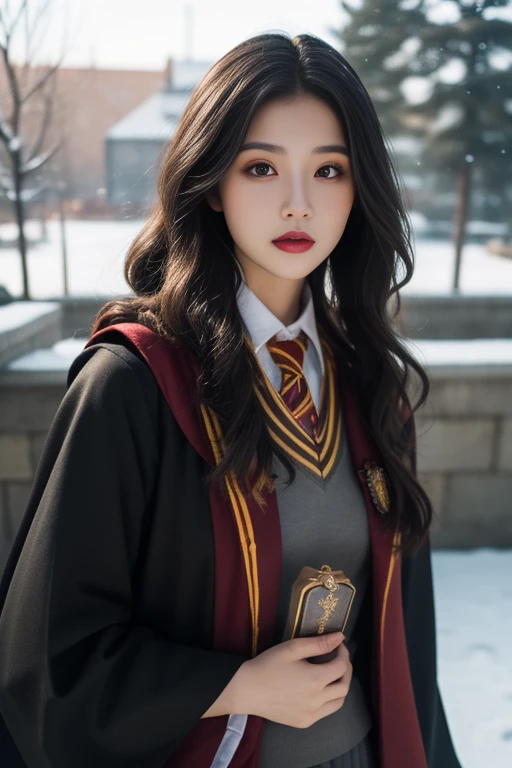 ltra-detailed,highly detailed,best quality,masterpiece,illustration,realistic,photorealistic,
1girl, solo, cosplay,
gryffindor uniform, hogwarts school uniform,
looking at viewer, upper body,
outdoors, winter, photo background,
<lora:gryffindor uniform_v1_02:0.8>