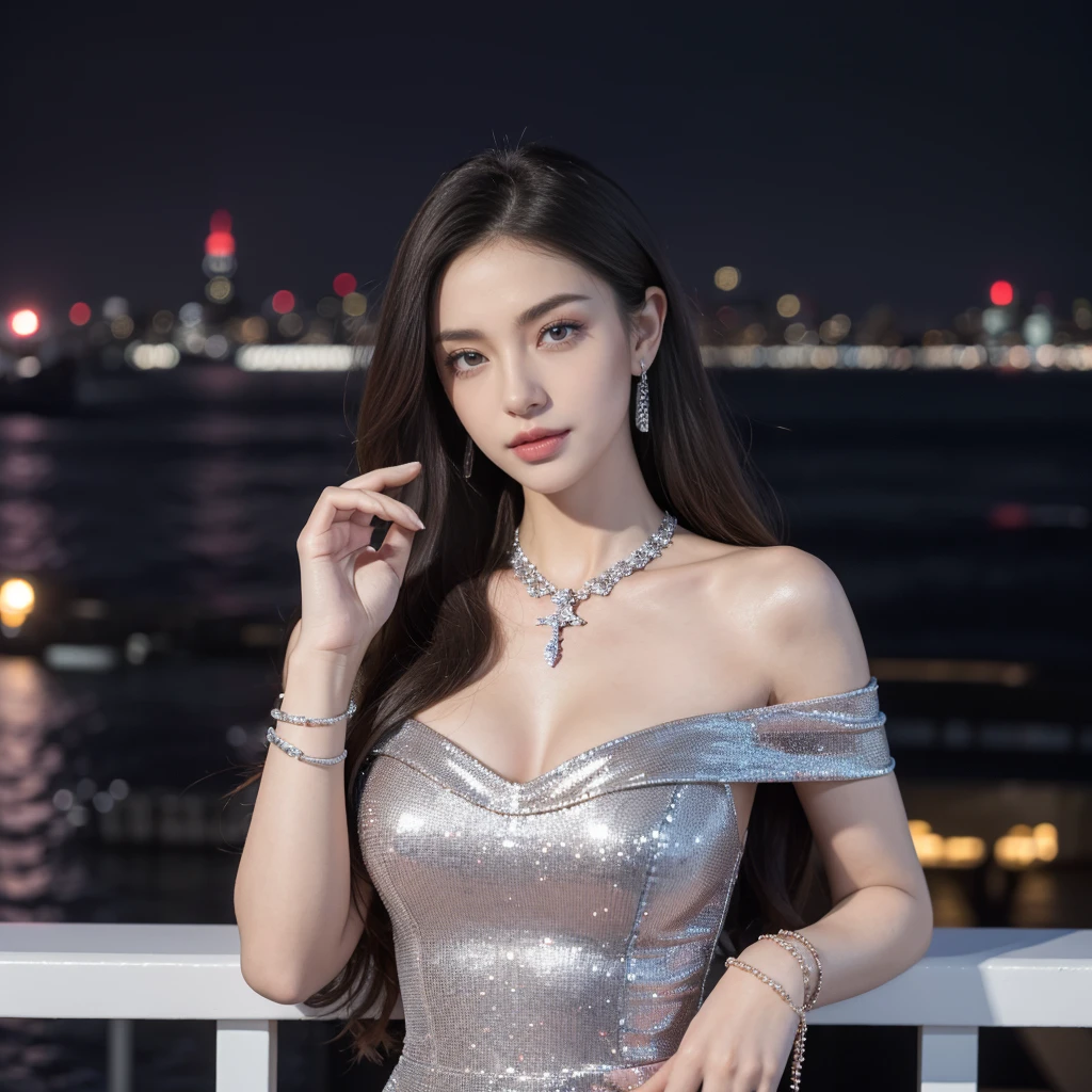 a woman in a red dress, off the shoulder, a woman in a silver dress standing in the sky bar on top of the roof, a blurry  New York City in the background,  smiley face, messed hair, evening, full body photo shoot, dept, [(Jewelry:  huge diamond necklace, diamond ring)], handbag, [nail style: (angel nails), (details on fingers and nails)], pink lips, ((diamond bracelet left-hand side)), RAW candid cinema, 16mm, color graded portra 400 film, remarkable color, ultra realistic, textured skin, remarkable detailed pupils, realistic dull skin noise, visible skin detail, skin fuzz, dry skin, shot with cinematic ,  <lora:cnb5c5le878c73ajdjs0:0.8> milesa,  <lora:detailed_hands:0.8> hand, 8k, best quality, masterpiece, realistic, ultra detail, photo realistic, Increase quality, jagged edges, navy, natural beauty, [:(detailed face:1.2):0.2] <lora:more_details:0.3>,