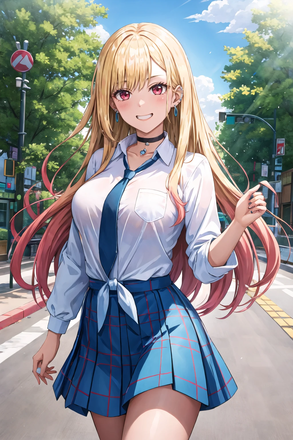 masterpiece, best quality, highres, kitagawa marin, 1girl, blonde hair, long hair, multicolored hair, red eyes, jewelry, earrings, piercing, school uniform, white shirt, tied shirt, black choker, blue necktie, plaid skirt, <lora:kitagawa_marin_v1-1:0.7>, grin, smile, standing, cowboy shot, outdoors, blue skirt <lora:Jasony-Style:1>