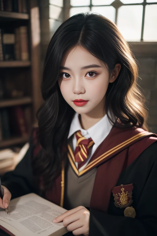 ltra-detailed,highly detailed,best quality,masterpiece,illustration,realistic,photorealistic,
1girl, solo, cosplay,
gryffindor uniform, hogwarts school uniform,
looking at viewer, upper body,
<lora:gryffindor uniform_v1_02:0.9>