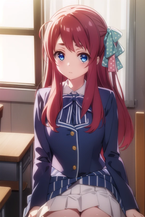 sakuraminamoto, <lora:sakura minamoto s2-lora-nochekaiser:1>,
sakura minamoto, blue eyes, long hair, red hair, one side up, hair bow, green bow, red bow, ahoge, polka dot, polka dot bow,
BREAK bowtie, long sleeves, school uniform, serafuku, skirt, white skirt,
BREAK indoors, classroom,
BREAK looking at viewer, (cowboy shot:1.5),
BREAK <lyco:GoodHands-beta2:1>, (masterpiece:1.2), best quality, high resolution, unity 8k wallpaper, (illustration:0.8), (beautiful detailed eyes:1.6), extremely detailed face, perfect lighting, extremely detailed CG, (perfect hands, perfect anatomy),