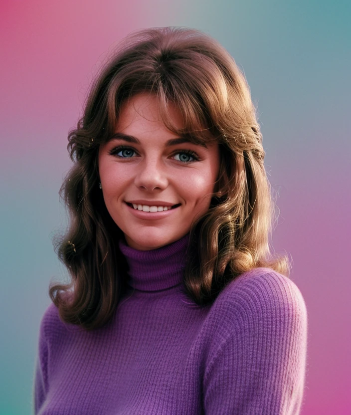 j3c1b1 ,colorfull background, 60s style, cotton hair, dreamy effect, smile, upper body , Turtleneck, Ultra-HD-details