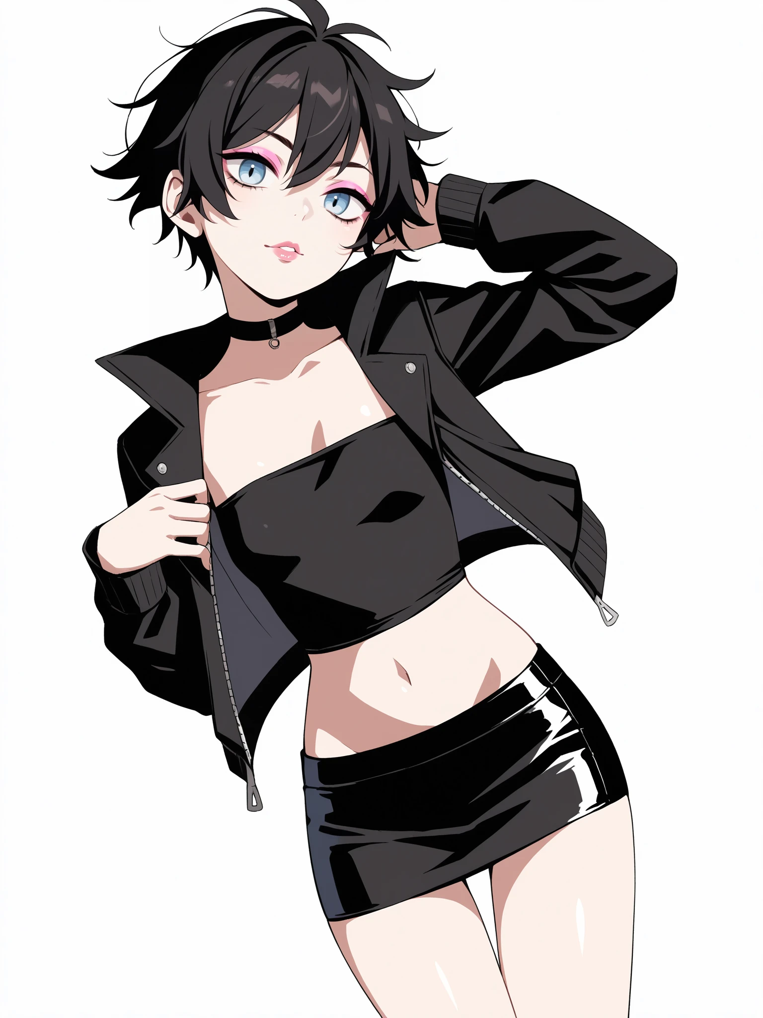 score_9, score_8_up, score_7_up, score_6_up, score_5_up, score_4_up, rating_questionable,
BREAK
girl with black hair, short hair, messy hair, tomboy, light blue eyes, pink lips, pink eyeshadow,
BREAK
solo, standing, black tube top, black microskirt, black crop top jacket, black choker, small breasts, groin, bare legs, skinny,
BREAK
white background, simple background, <lora:Lunas-Harayutaka-SDXL-A1:1>