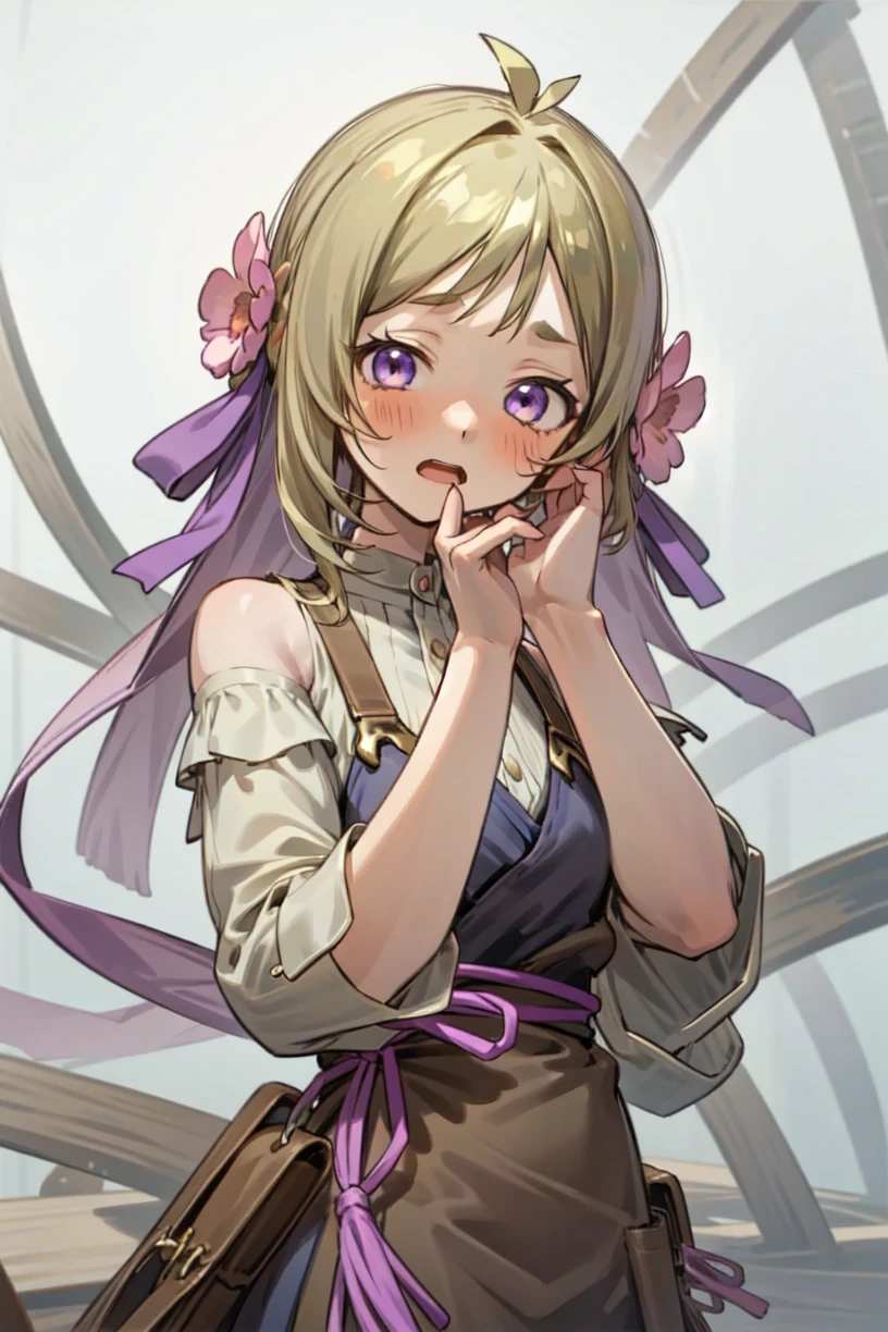 resleri flocke, flower, hair ornament, ribbon, ahoge, hair scarf, short hair, 1girl, solo, surprised, looking at viewer, open mouth, hand on own face, blush, purple eyes