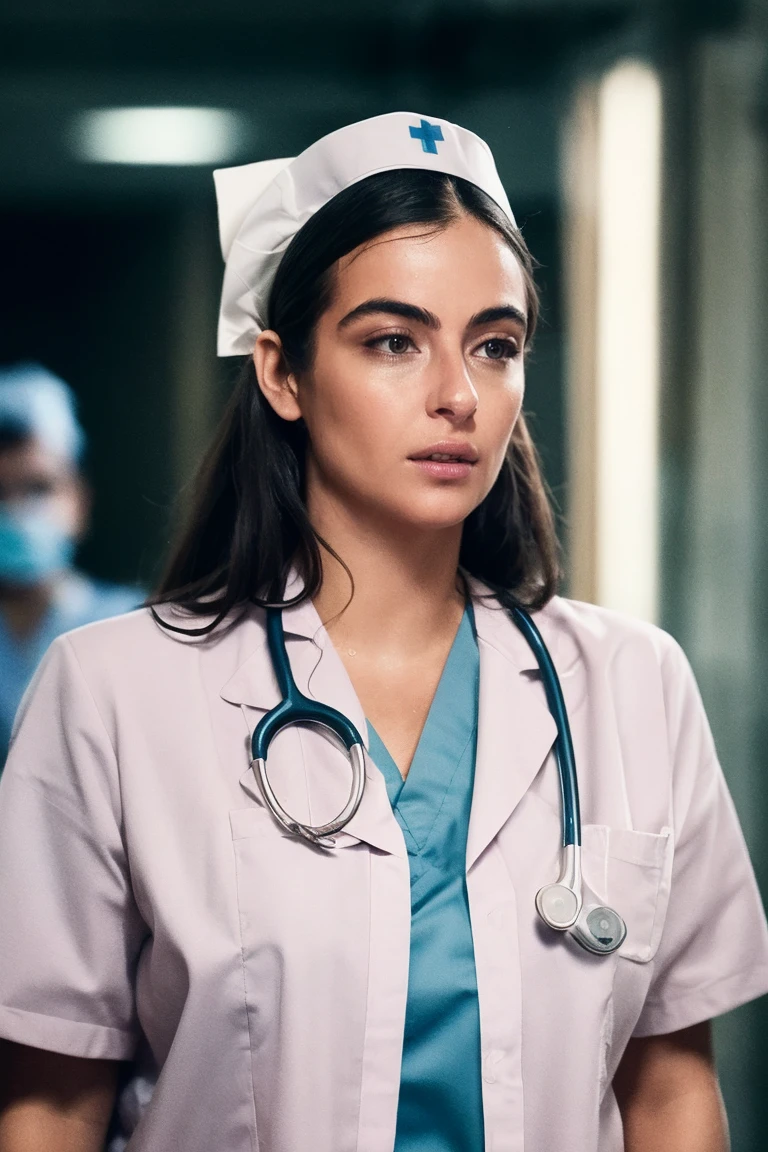 1girl, solo, portrait of a nurse wearing scrub at hospital, stethoscope, focus on face, symmetrical angle, blurry_background, bokeh, chromatic_aberration, depth_of_field, female focus, photorealistic, soft colors, masterpiece, high quality, (high detailed skin:1.1)
 <lora:alanna_masterson_lora_v02:1> alanna88
