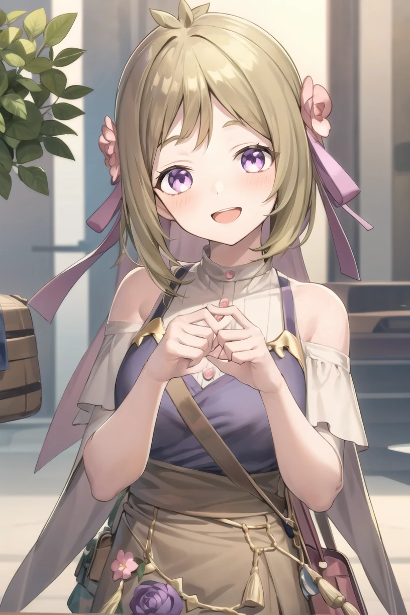 resleri flocke, flower, hair ornament, ribbon, ahoge, hair scarf, short hair, 1girl, solo, smile, looking at viewer, open mouth, blush, purple eyes, head tilt, upper body
