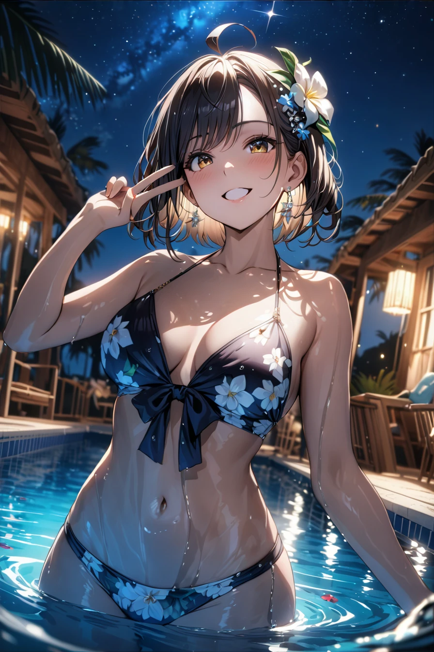 masterpiece best quality 1girl (masterpiece:1.2),best quality,PIXIV,who,
swimsuit,bikini full body
night sky standing from below star
bangs,looking at viewer,flower,short hair,outdoors,parted bangs,open mouth,hair ornament,medium breasts,navel,hair flower,ahoge,drinking glass,jewelry,v,
partially submerged,pool,water
collarbone,drinking straw,off shoulder,grin,floral print,wavy hair,earrings,braid,eyelashes,(masterpiece,detailed,highres:1.1)(Depth of field hdr 8k 4k wallpaper cinematic angle, cinematic lighting,:1.1) (masterpiece, best quality:1.55), (Depth of field hdr 8k 4k wallpaper cinematic angle, cinematic lighting,:1.5) (masterpiece, best quality:2.0)