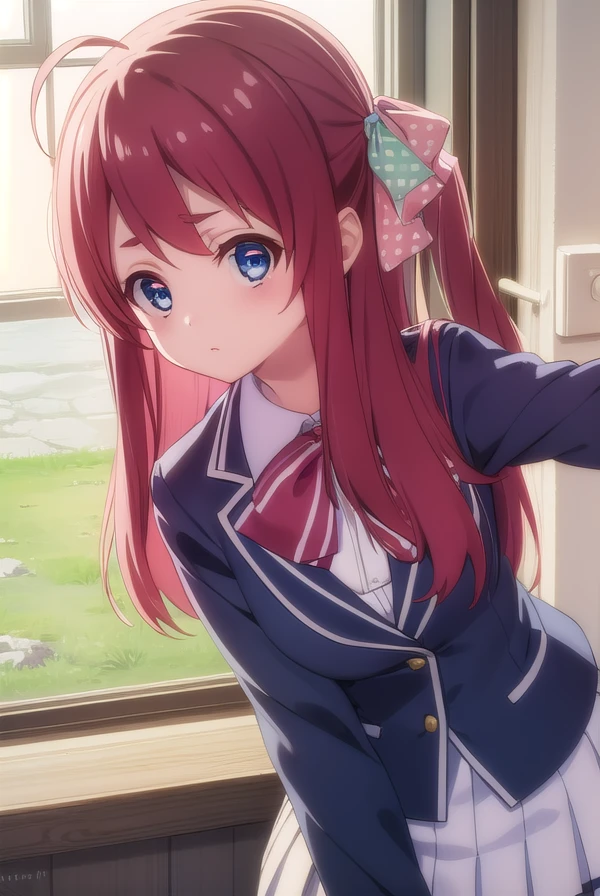 sakuraminamoto, <lora:sakura minamoto s2-lora-nochekaiser:1>,
sakura minamoto, blue eyes, long hair, red hair, one side up, hair bow, green bow, red bow, ahoge, polka dot, polka dot bow,
BREAK bowtie, long sleeves, school uniform, serafuku, skirt, white skirt,
BREAK indoors, classroom,
BREAK looking at viewer, (cowboy shot:1.5),
BREAK <lyco:GoodHands-beta2:1>, (masterpiece:1.2), best quality, high resolution, unity 8k wallpaper, (illustration:0.8), (beautiful detailed eyes:1.6), extremely detailed face, perfect lighting, extremely detailed CG, (perfect hands, perfect anatomy),