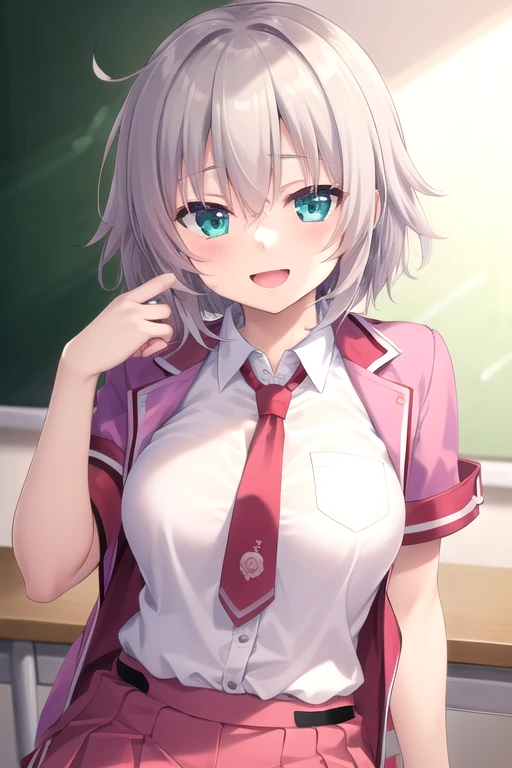((masterpiece)),(best quality),official art,extremely detailed CG,unity 8k wallpaper,ultra detailed,beautiful detailed eyes,extremely detailed face,classroom,1girl,solo,upper body,(portrait:1.5),looking at viewer,facing viewer,smile,long hair,grey hair,sidelocks,hair between eyes,bangs,aqua eyes,cropped jacket,pink jacket,open jacket,collared shirt,white shirt,red necktie,short sleeves,large breasts,miniskirt,pleated skirt,pink skirt,bike shorts,sneakers,<lora:Ayukawa Kogane(aosa):0.8>,
