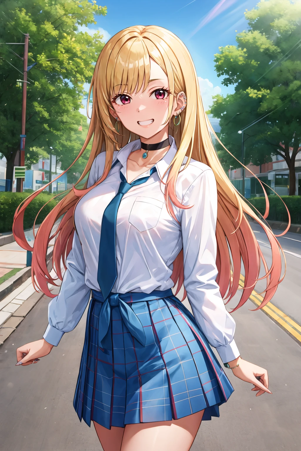 masterpiece, best quality, highres, kitagawa marin, 1girl, blonde hair, long hair, multicolored hair, red eyes, jewelry, earrings, piercing, school uniform, white shirt, tied shirt, black choker, blue necktie, plaid skirt, <lora:kitagawa_marin_v1-1:0.7>, grin, smile, standing, cowboy shot, outdoors, blue skirt <lora:tomajiyama-Style-000080:1>
