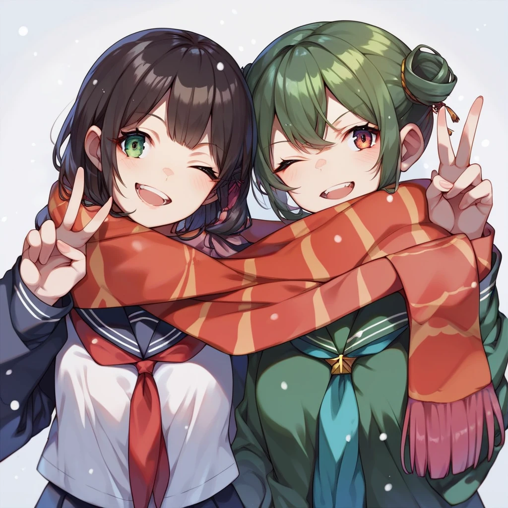score_9,score_8_up,score_7_up,masterpiece,best_quality,
source_anime,
shared_scarf,
2girls,
wink,
school_uniform,
head_tilt,
peace_sign,
snowing,
<lora:shared_scarf_pony1:1>