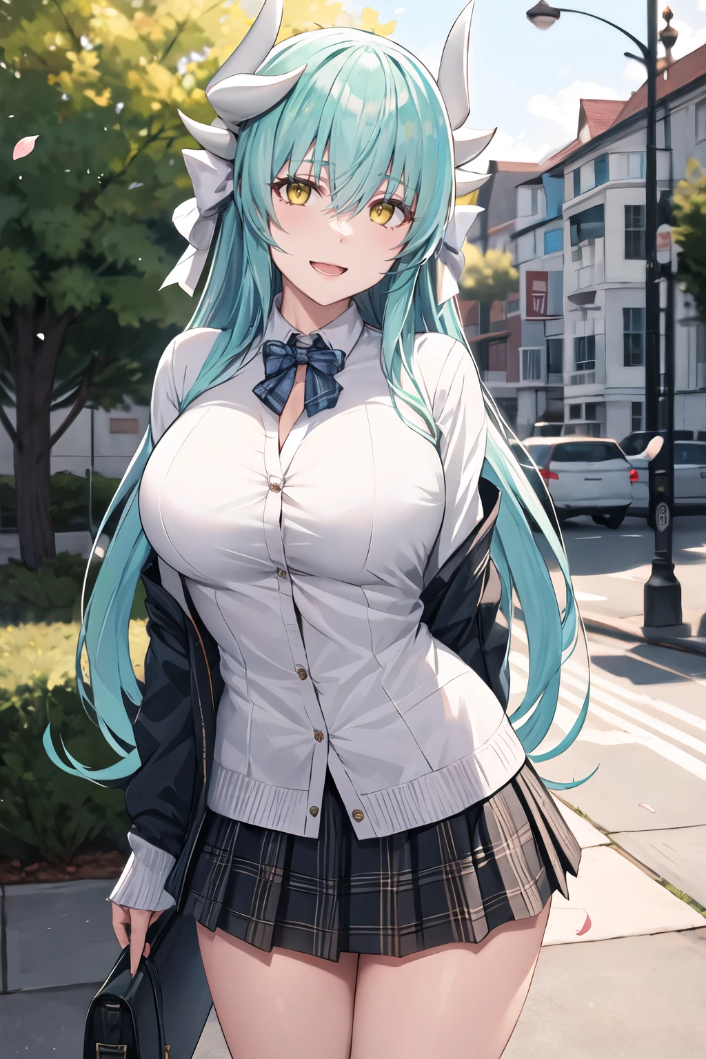 ('Best quality, Masterpiece, 8K,A picture_comparing,huge tit,(A MILF:1),long white hair,telephone,cellular phone,smartphone,Handheld,pic',),underboob,front view,restaurant,headphones, cardigan, headphones around neck,skirt, shirt, long sleeves, white shirt, pantyhose, pleated skirt, black pantyhose, cardigan, green skirt, blue cardigan,,walking,in the morning