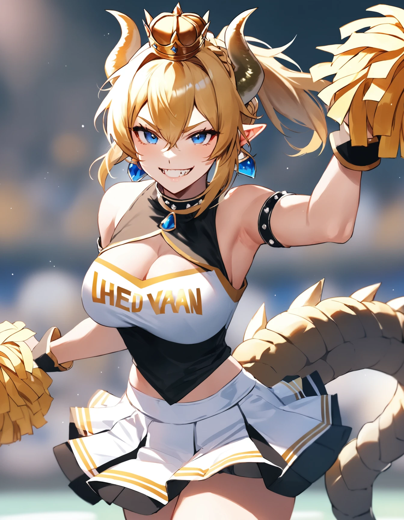 score_9,score_8_up,score_7_up,score_6_up,score_5_up,score_4_up,rating_suggestive,source_anime,bowsette,large breasts,cute,tomboy,spiked yellow dragon tail,smirk,crown,blonde,braid,cheerleader uniform,blue eyes,