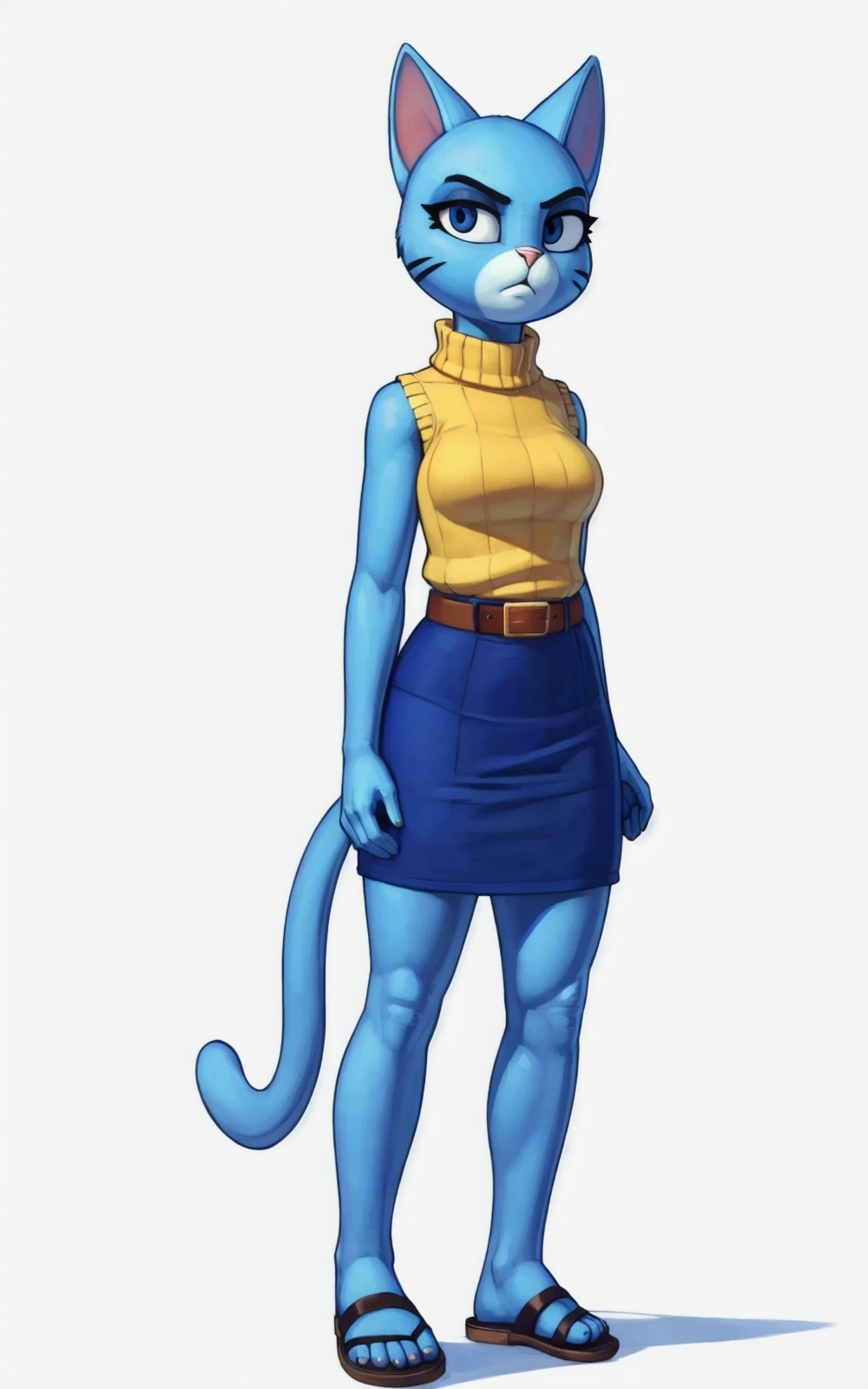 8k,4k,((Best quality, masterpiece, ultra high resolution)),((full body, by pixelsketcher)), <lora:MarySenicourt:0.7>,MarySenicourt,skirt,furry, ((sleeveless)), furry female,blue skirt,animal ears, sweater, cat ears,face mark, sleeveless sweater,yellow sweater,tail, sweater, turtleneck, blue skirt,blue skin,sandals,cat girl, belt,white background,annoyed