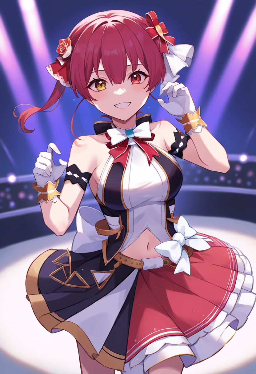 score_9, score_6_up, source_anime, 1girl, solo, stage, concert, marine_idol, hololive idol uniform, white bow, white gloves, red ribbon, red bowtie, layered skirt, navel cutout, red eyes, yellow eyes, smile, dynamic pose<lora:senchouXL-05:1>