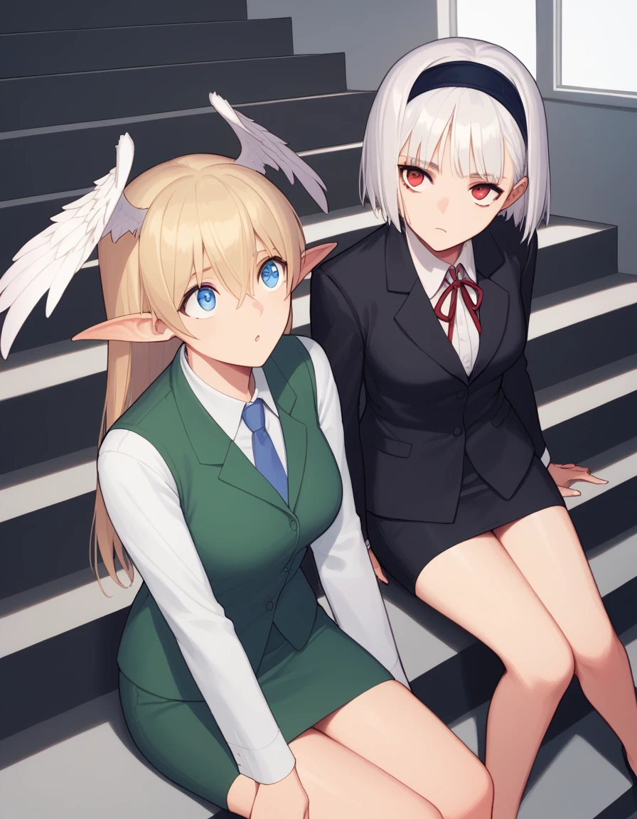 score_9, score_8, score_7, source_anime,
<lora:shining-ponyxl-000043:0.5>
2girls, stairs, sitting, looking up, + +, office lady
BREAK
elwng, elf, head wings, pointy ears,
BREAK
stbn, red eyes, short hair, white hair, hairband