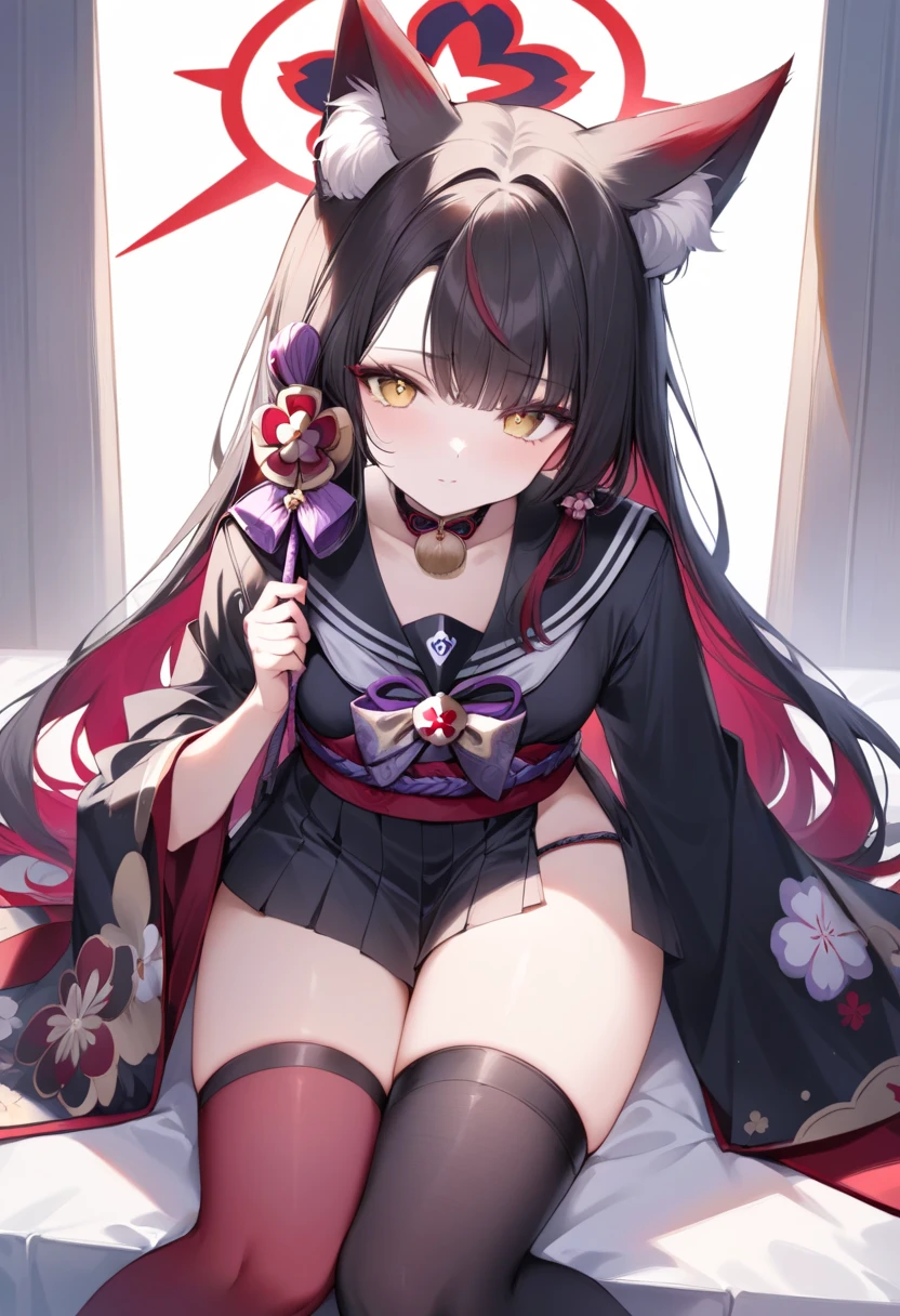 1girl, (wakamo \(blue archive\):1.1), japanese clothes, black hair, japanese clothes, halo, blue archive, masterpiece, asymmetrical legwear, black kimono, yellow eyes, eyeliner, fox ears, thighhighs, short kimono, black sailor collar, black shirt, serafuku, asymmetrical bangs