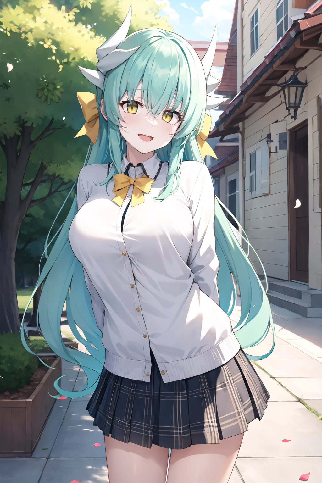 masterpiece, best quality, highres, aakiyo, long hair, aqua hair, white horns, hair bow, yellow bow, yellow eyes, <lora:kiyohime_(lancer)_v1:0.7>, cardigan, plaid skirt, arms behind back, smile, open mouth, petals, outdoors, big breasts <lora:hagoonha-Style:1>
