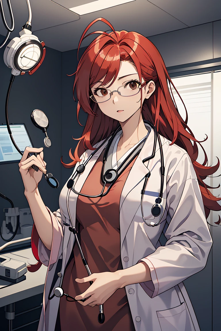 (RAW photo, best quality), 1girl, operating room, overhead surgical light, dslr, blurred background, focused,
<lora:Claudia_Suzuki_V1.0-000006:0.6> (claudia suzuki, mature female, semi-rimless eyewear, red hair, long hair, brown eyes, antenna hair),
 <lora:0- CL - Doctor Uniform V2:0.8> doctor_uniform, labcoat, stethoscope, doctor,