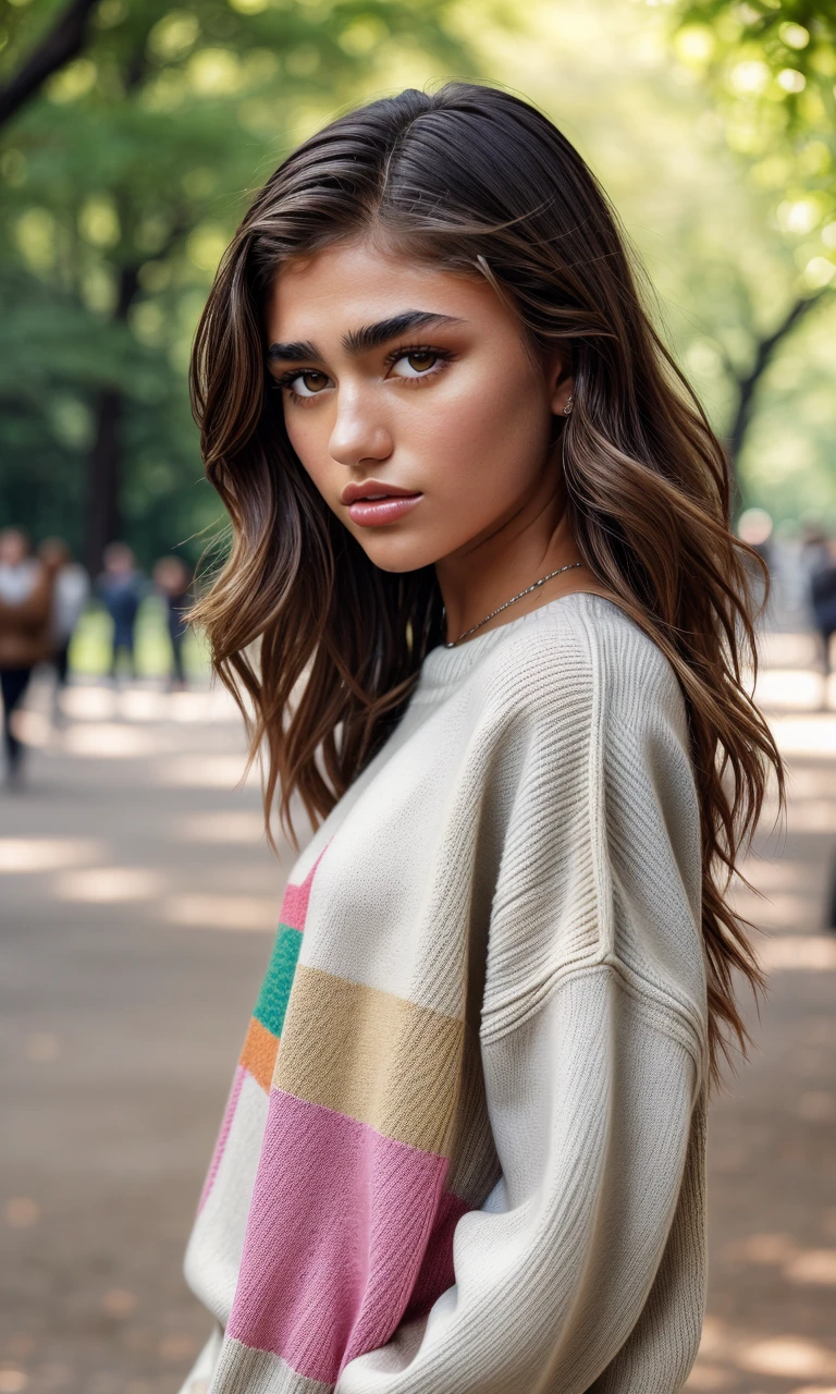 raynavall2024, 1 girl, uhd, 8k, best quality, masterpiece, skin pores, detailed skin, cinematic lighting, depth of field, photorealistic, focus on eyes, central park, colorful sweater,