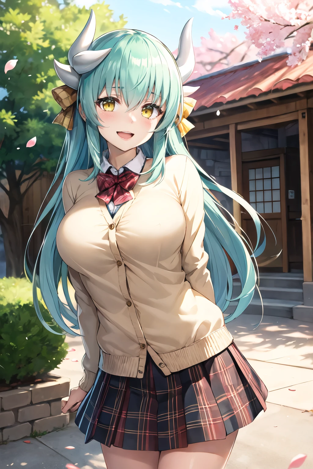 masterpiece, best quality, highres, aakiyo, long hair, aqua hair, white horns, hair bow, yellow bow, yellow eyes, <lora:kiyohime_(lancer)_v1:0.7>, cardigan, plaid skirt, arms behind back, smile, open mouth, petals, outdoors, big breasts  <lora:blastbeat-Style-000042:1>