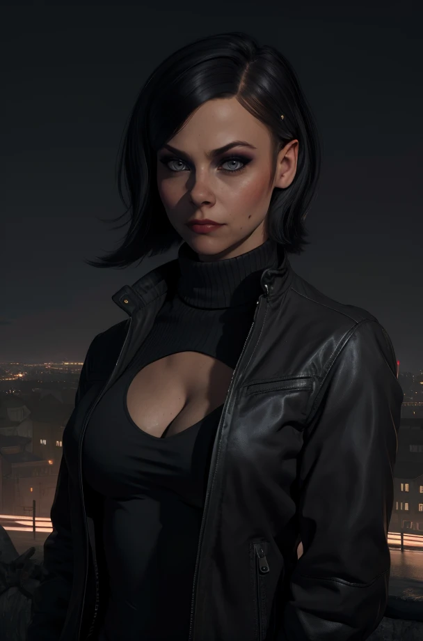photo of Kristen Stewart from, RAW, beautiful woman, ((Gothic portrait)), ((detailed face:1.2)), ((detailed facial feature, blood red lips, small breasts with cleavage, detailed skin, clear skin), (perfect proportioned body), (wearing a black open leather jacket) (high detailed city environment, apartment balcony), (realistic photo, best quality, detailed), (8k wallpaper), (cinematic lighting, dramatic lighting) (sharp focus, intricate), nipples, visible breasts