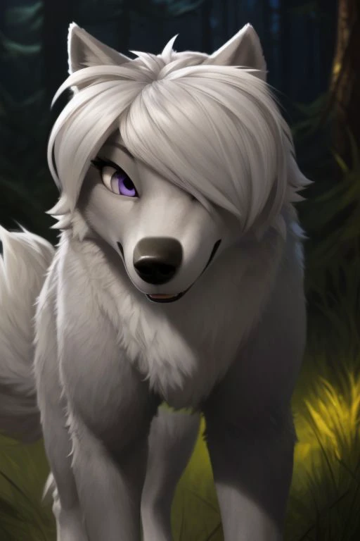 ASCIIyoung adult, wolf, Silver-gray and White fur, lavender eyes, hair over eye, feral, female, ((wolf tail)), dress, solo, detailed forest field background, detailed eyes, 4K, by darkgem