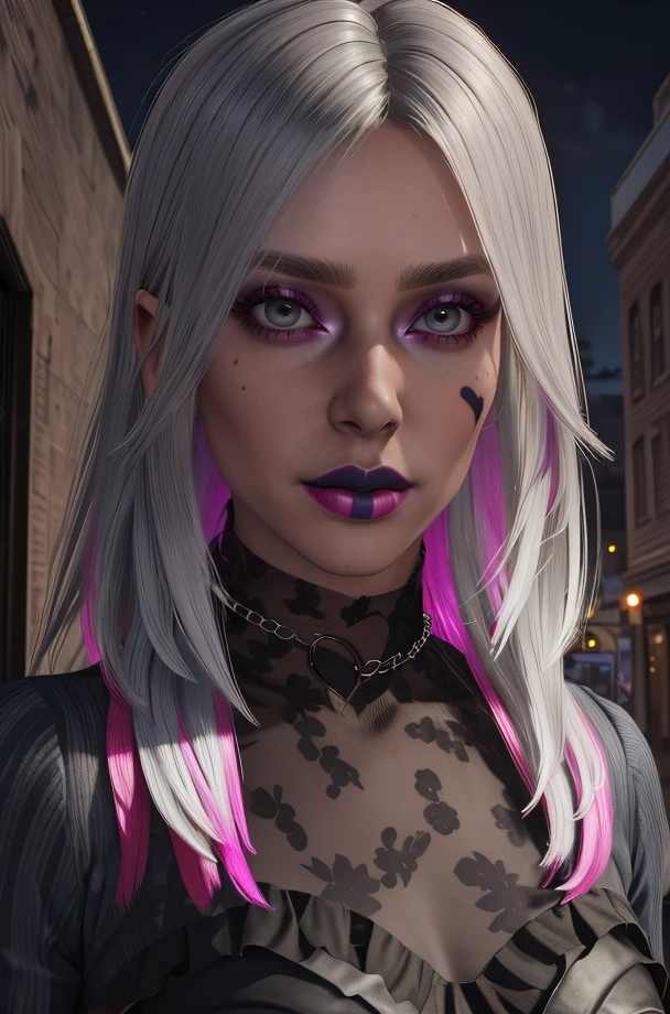 sable,facial mark,lipstick,white hair,long hair,grey eyes, multicolored hair, 
black dress,looking at viewer,long sleeves,close up,
standing,upper body,necklace,
night,town,theater entrance,
(insanely detailed, beautiful ,masterpiece, best quality) solo,<lora:SABLEdbd:0.8>,