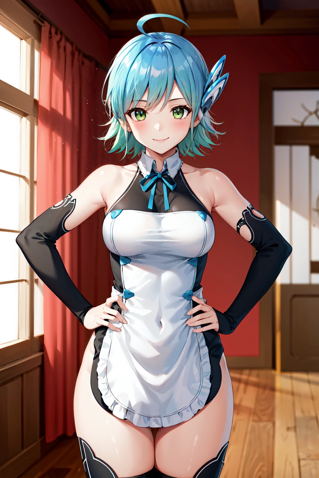 masterpiece, best quality, highres, aanonono, short hair, ahoge, hair ornament, green eyes, breasts, bare shoulders, neck ribbon, loetard, sleeveless, detached sleeves, apron, thighhighs, <lora:nonono_(dream_c_club)_v1:0.7>, indoors, hand on hip, smile, standing, cowboy shot,