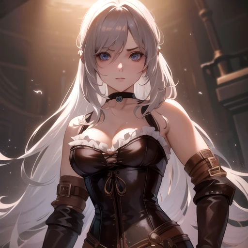a photo of Ciri_512v1-4800, a woman with (medium hair) and (purple eyes), a woman in a (brown leather corset and a black choker around her neck), a woman looking at the camera with a serious look on her face,