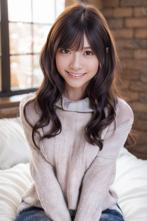 1girl, (solo:1.8), (snuggly sweater:1.6),(RAW photo, best quality:1.4), (realistic, photo-realistic:1.4), masterpiece, an extremely delicate and beautiful, extremely detailed, 2k wallpaper, Amazing, finely detail, extremely detailed CG unity 8k wallpaper, ultra-detailed, highres, soft light, beautiful detailed girl, extremely detailed eyes and face, beautiful detailed nose, beautiful detailed eyes,cinematic lighting,(blurry,bokeh backgound:1.6),(bedroom:2.0),perfect anatomy,(slender body:1.0),(close up face:1.4),(smile gently,Friendly, warm:2.0),(looking at viewer:1.8),(japanese idol:2.0),(wavy hair:1.8), (brown eyes:1.8),(sitting:1.6),  <lora:yamadamarina_lora-11:0.8>