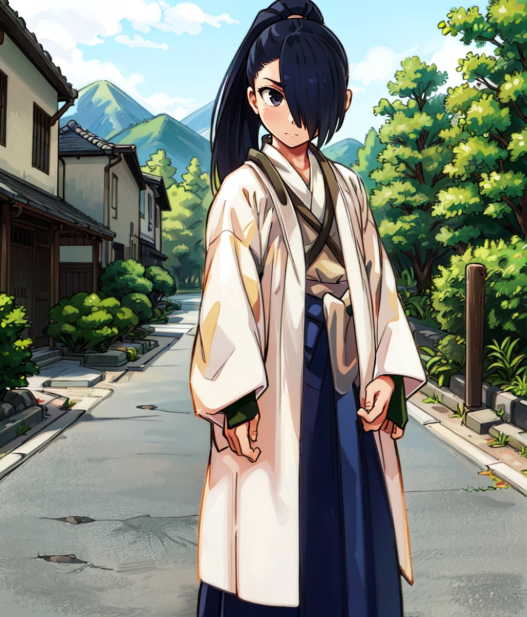 ((shinsengumi)) Masterpiece.1girl, solo, long hair, black hair, hair covering one eye, ponytail, white haori, black hakama, serious, outdoors, japanese town, full body, cowboy shot, standing, medieval <lora:Kojiroh:1>
