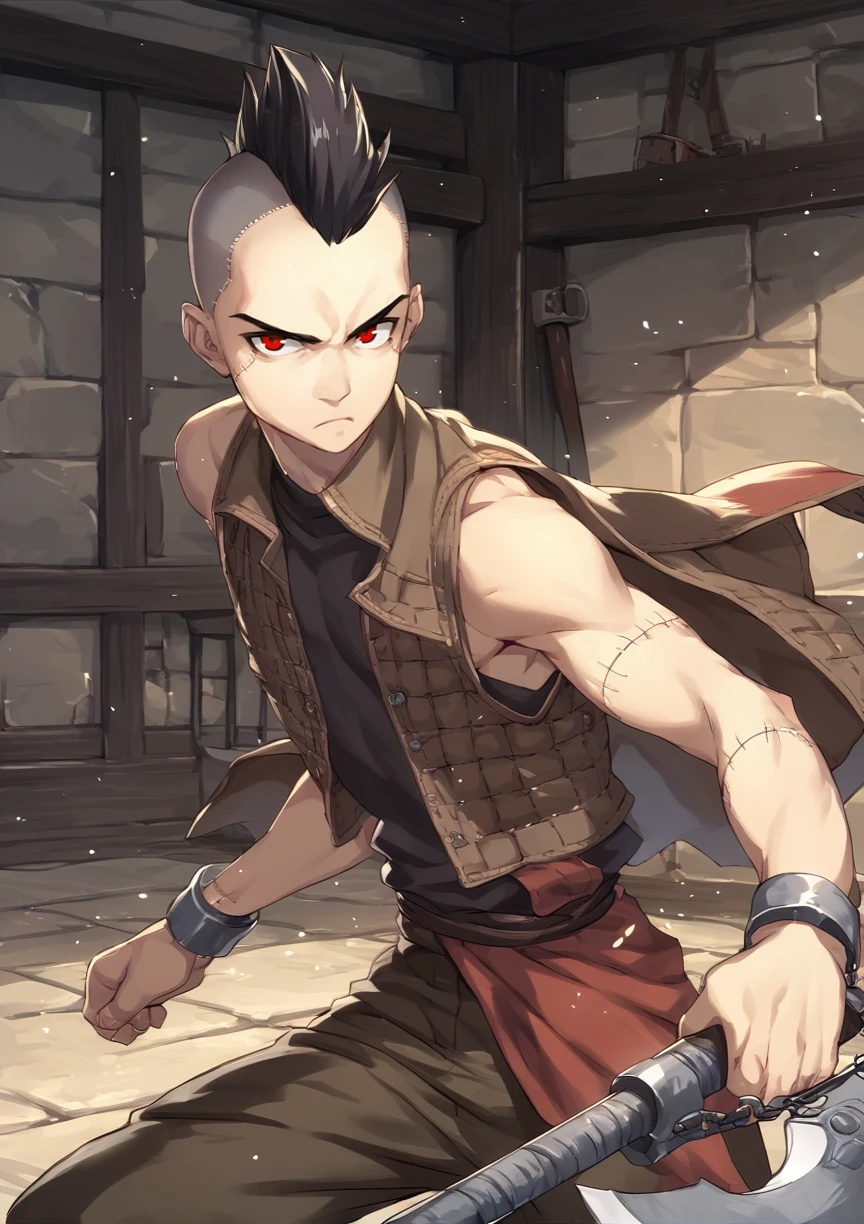 1boy, solo, looking at viewer, swinging, slender, mohawk, hair back, forehead, serious, black hair, bare arms,red eyes, fur vest, pants, (patchwork clothes), shackles, axe, medieval, indoors, dungeon <lora:tasaka_shinnosuke cyocyo:0.8>, score_9, score_8_up, score_7_up, score_6_up, score_5_up, score_4_up, BREAK source_anime, masterpiece