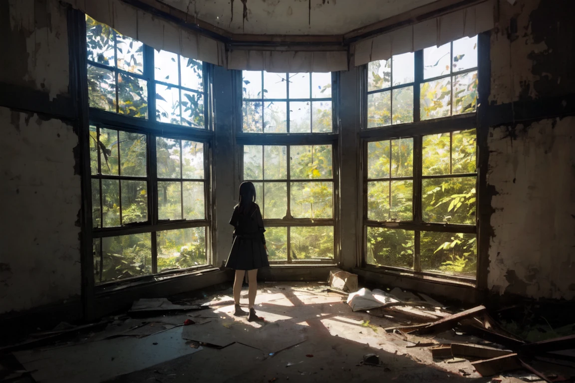 solo, 1girl, Maya Hotel, abandoned room, big windows, forest over the window