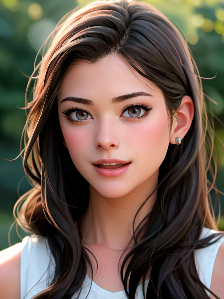 A beautiful p3yt0nl1 woman, 1girl,solo,long hair,looking at viewer,smile,open mouth,brown hair,shirt,black hair,bare shoulders,brown eyes,upper body,teeth,sleeveless,blurry,lips,blurry background,realistic,soft lighting, professional Photography, Photorealistic, detailed, RAW, analog, sharp focus, 8k, HD, high quality, masterpiece<lora:p3yt0nl1:1.0>