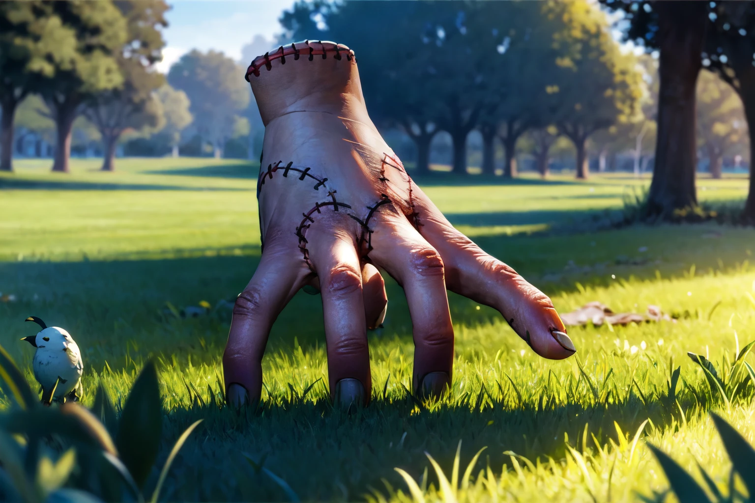 in a park, laying in the grass, birds, high detail skin, high detail eyes, high detail hair, highres, ultra detailed, sharpen picture, Highly detailed, masterpiece, best quality, photorealistic,
<lora:thingthingthingLora:1> severed hand, black nails, stitches, fingers, thing (addams family), standing