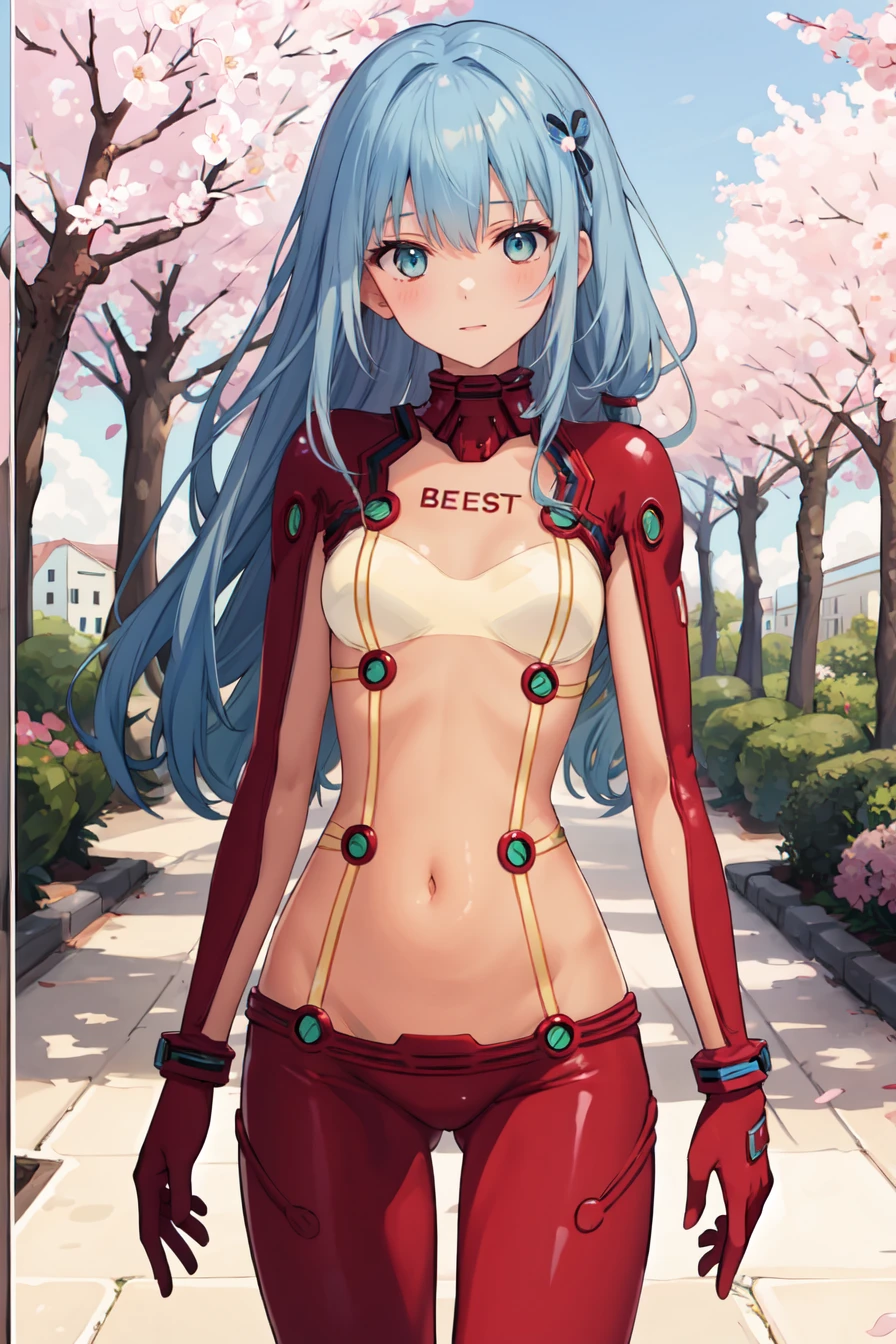 masterpiece,best quality,highres,ultra-detailed,solo,cowboy shot,1girl,medium_breasts,long hair,light blue hair,standing,outdoors,garden,cherry blossom,trees,asuka_langley_soryu_bodysuit,see-through,