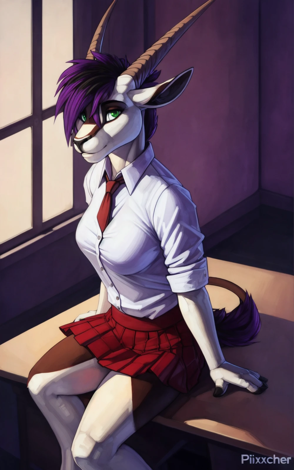 8k,4k,((Best quality, masterpiece, ultra high resolution)),((full body, by pixelsketcher)), <lora:OliviaKadath:0.9>,OliviaKadath,hooves, nude,tail, green eyes, horns, furry female,  furry,pointy ears, black hair, short hair, purple hair,multicolored hair, colored skin,antelope,multicolored hair, purple hair,breast, school,school uniform, sitting on desk,inside, shirt, collared shirt, button shirt, skirt, ((red skirt)), tie, red tie